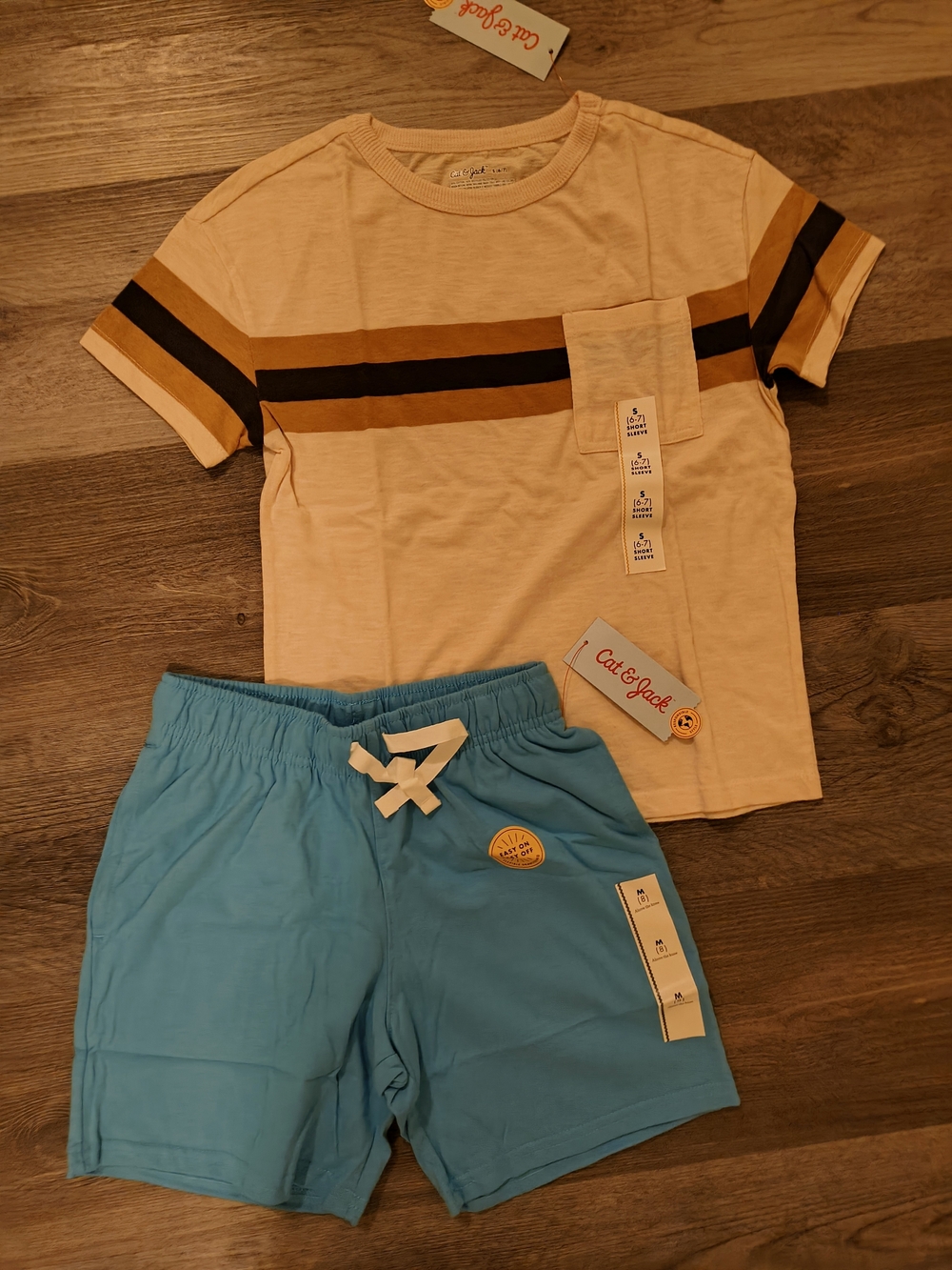 Cat & Jack Beige Stripe Pocket Tee with Blue Shorts - Boys
